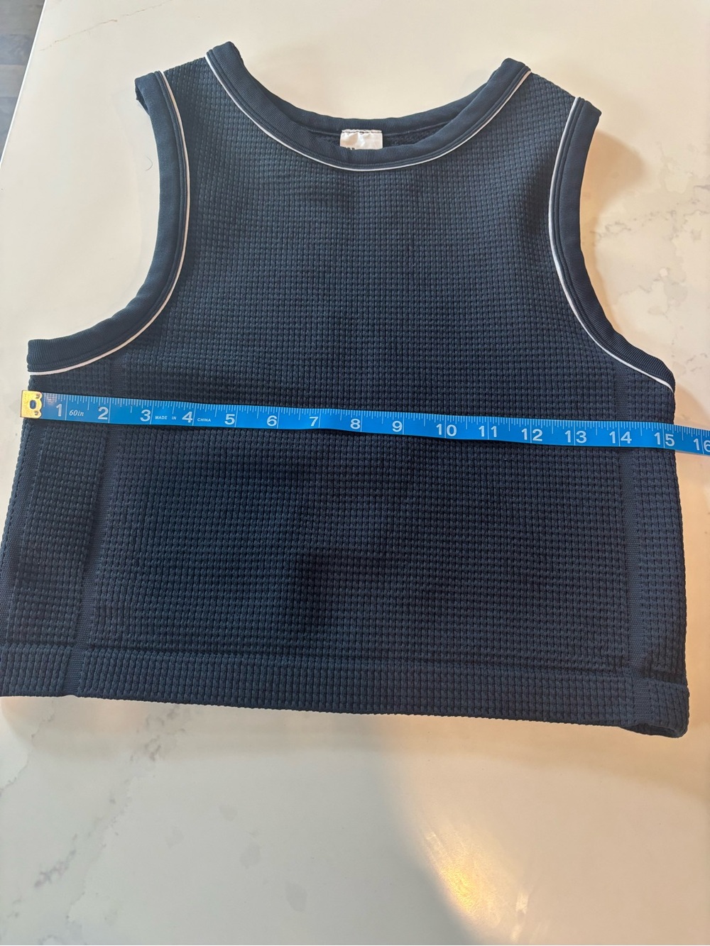Navy All in Motion waffle-knit cropped tank with white piping